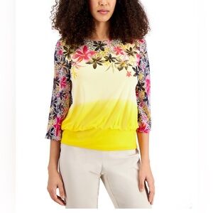 JM Collection Banded-Bottom floral ombré Printed blouson Top/size M